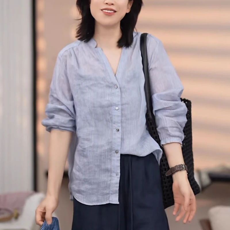 2025夏季新款条纹亚麻衬衫女时尚显瘦减龄遮肉防晒设计感苎麻上衣