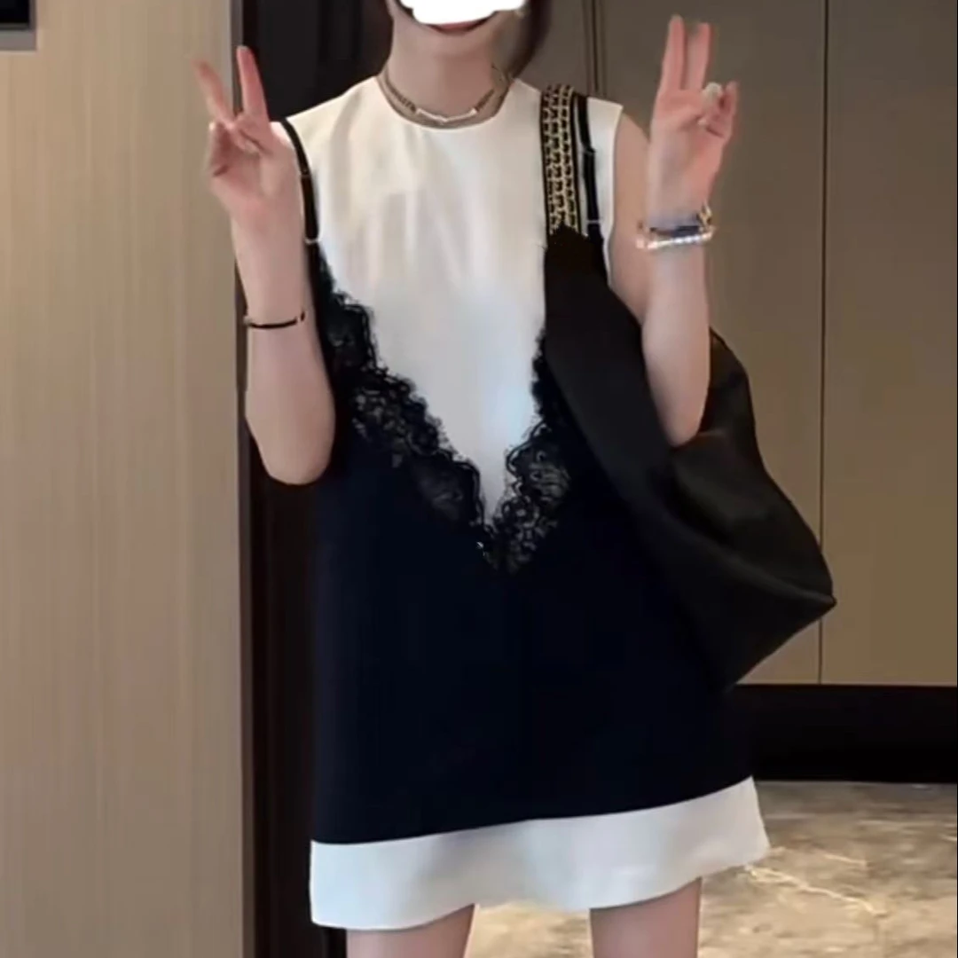 【BAI】蕾丝吊带套装裙女叠穿无袖t恤裙两件套25048
