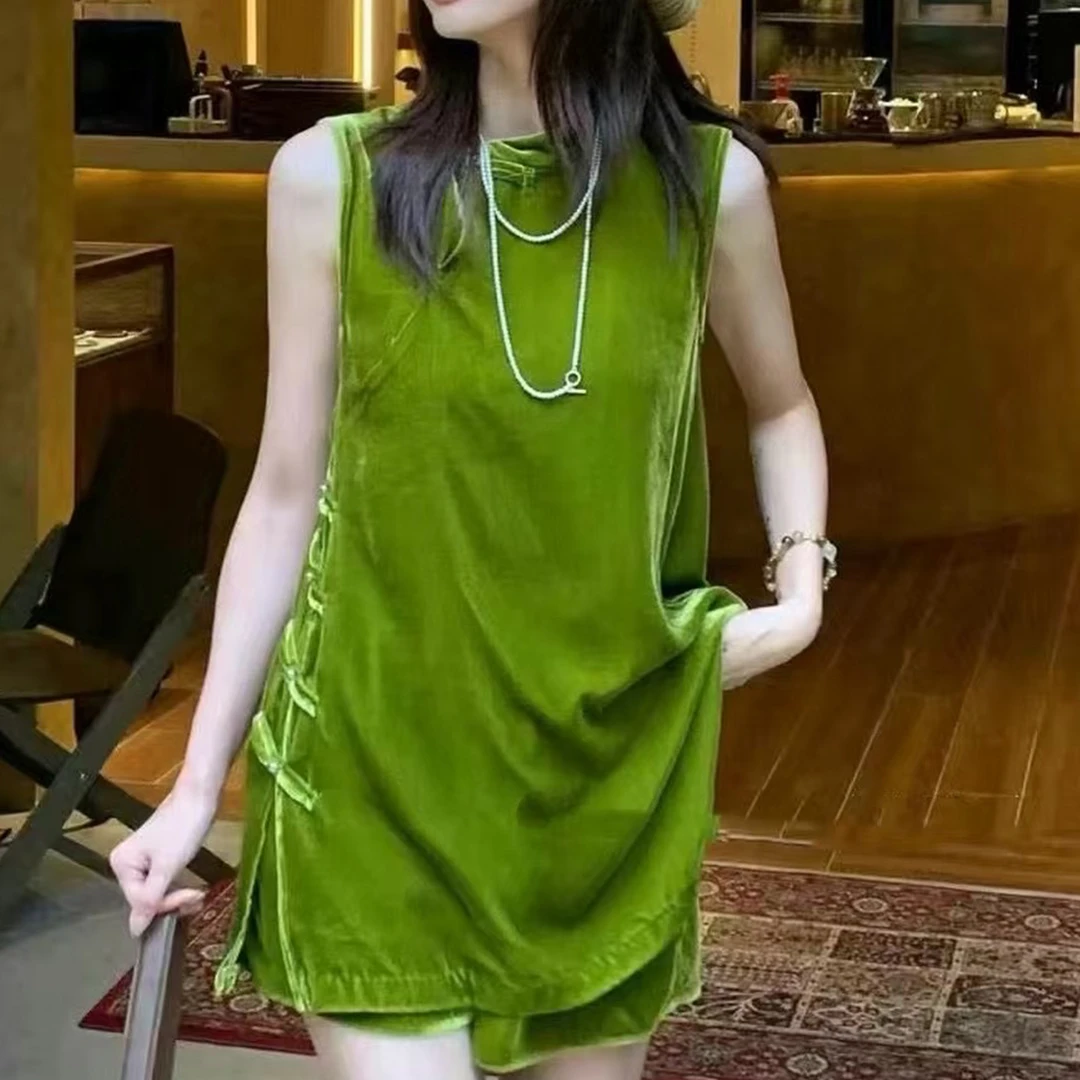 重工真丝丝绒女套装夏季复古国风盘扣休闲背心短裤两件套洋气炸街