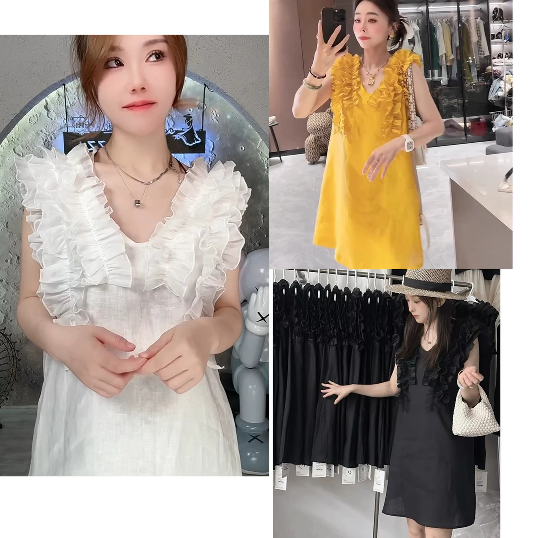 亚麻多层木耳边V领系带砍袖洋气连衣裙