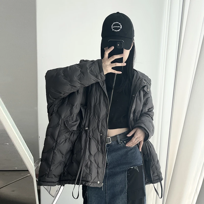 压胶阔版连帽抽绳羽绒服女显瘦时尚休闲简约90白鸭绒保暖轻薄外套