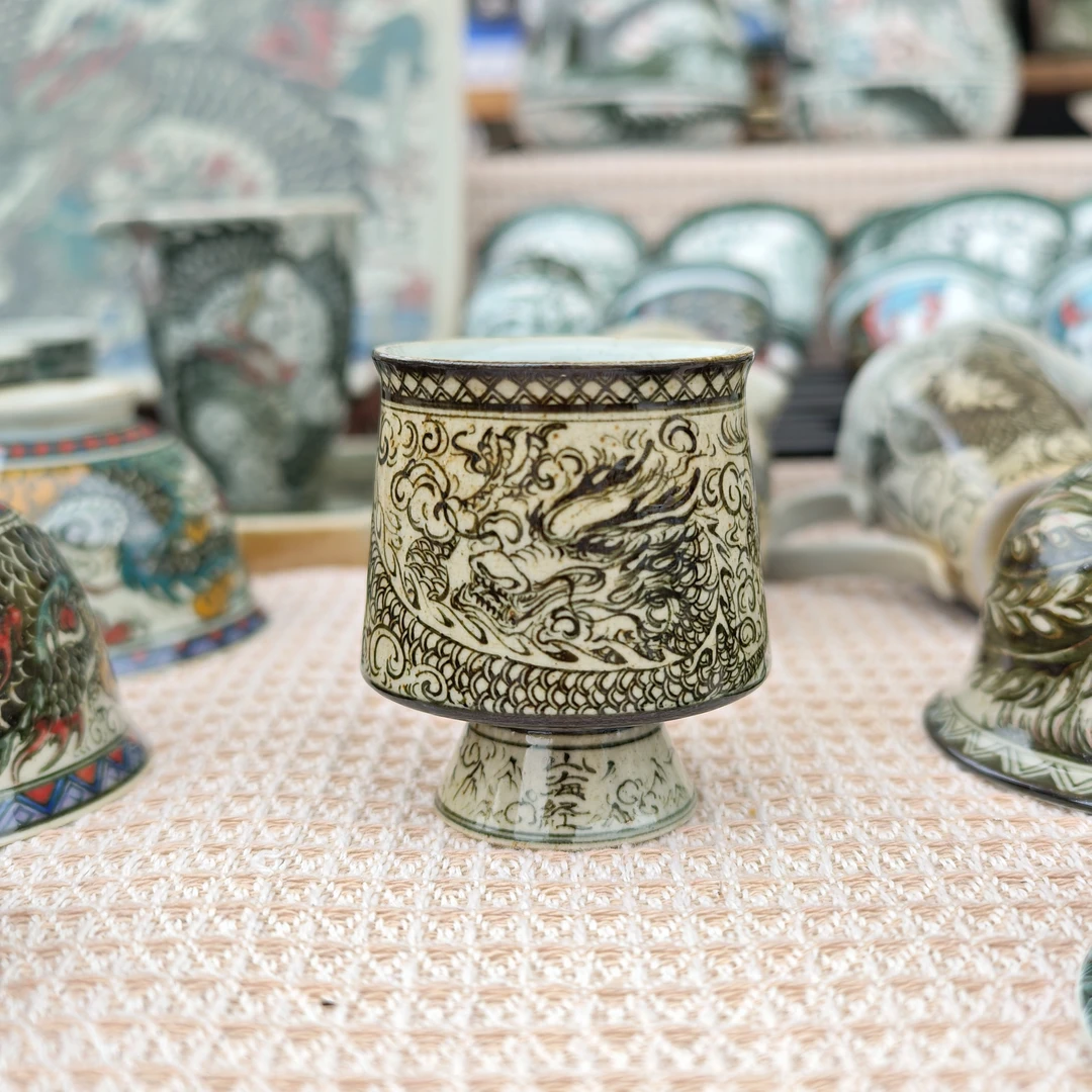 纯手绘山海经陶泥墨龙小容量高足杯主人杯