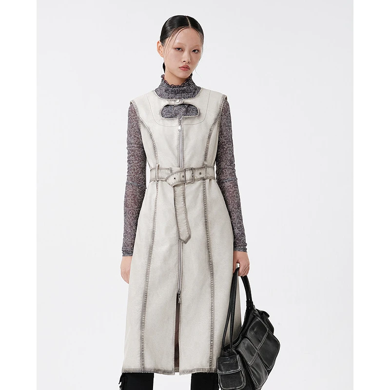 D63时尚气质显瘦无袖长裙中长款皮革时髦连衣裙背心裙5F1L92013