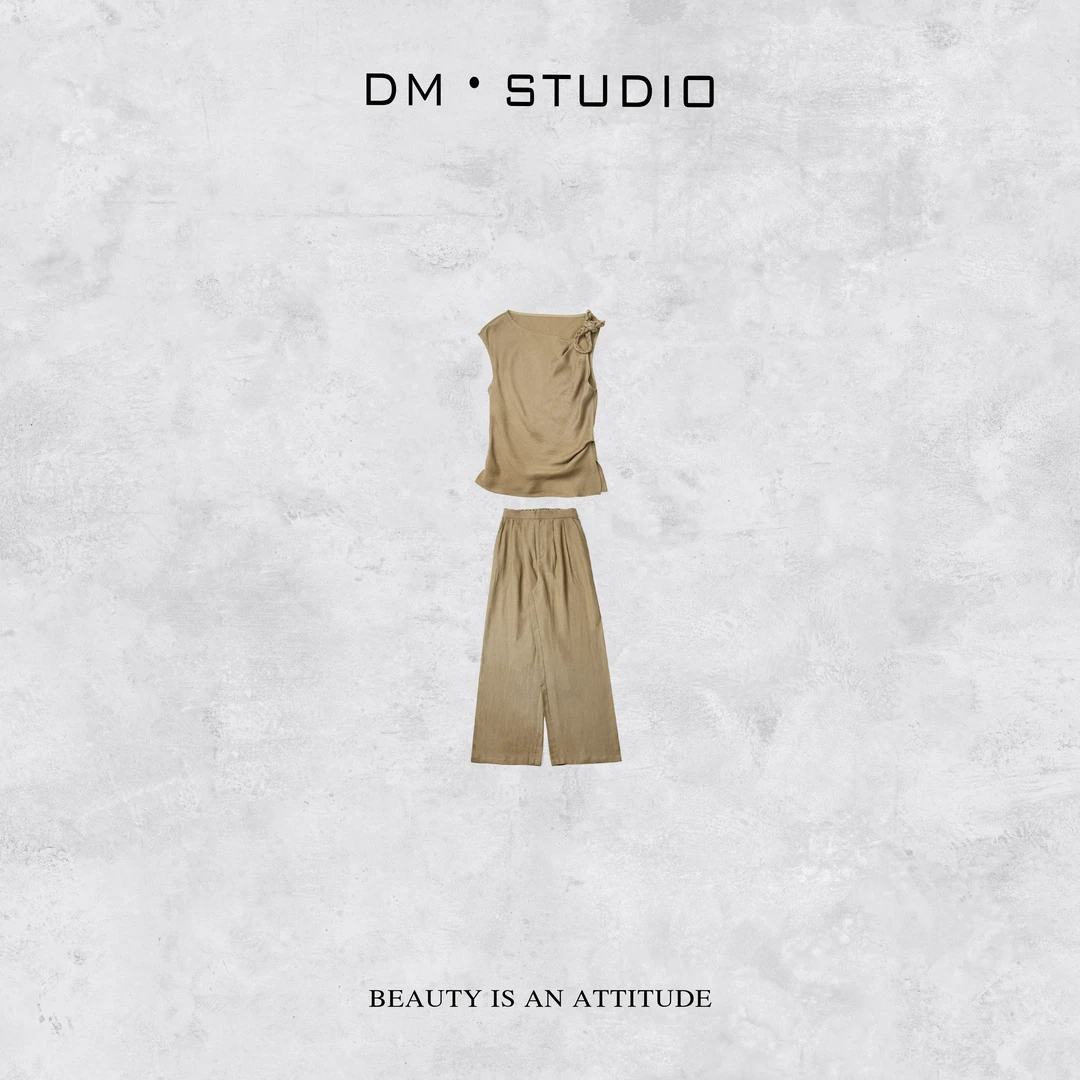 DEDM•STUDIO/设计编织带收褶无袖背心+拖地裤套装(2503BX/51158)