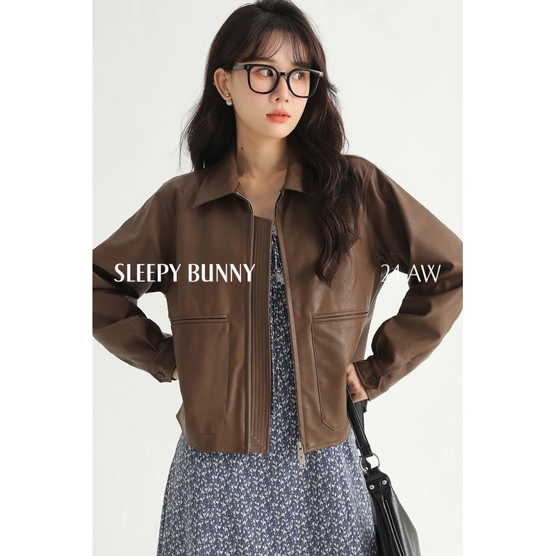 E瞌睡兔【清苍】复古皮衣短款外套美拉德宽松休闲百搭上衣女244059