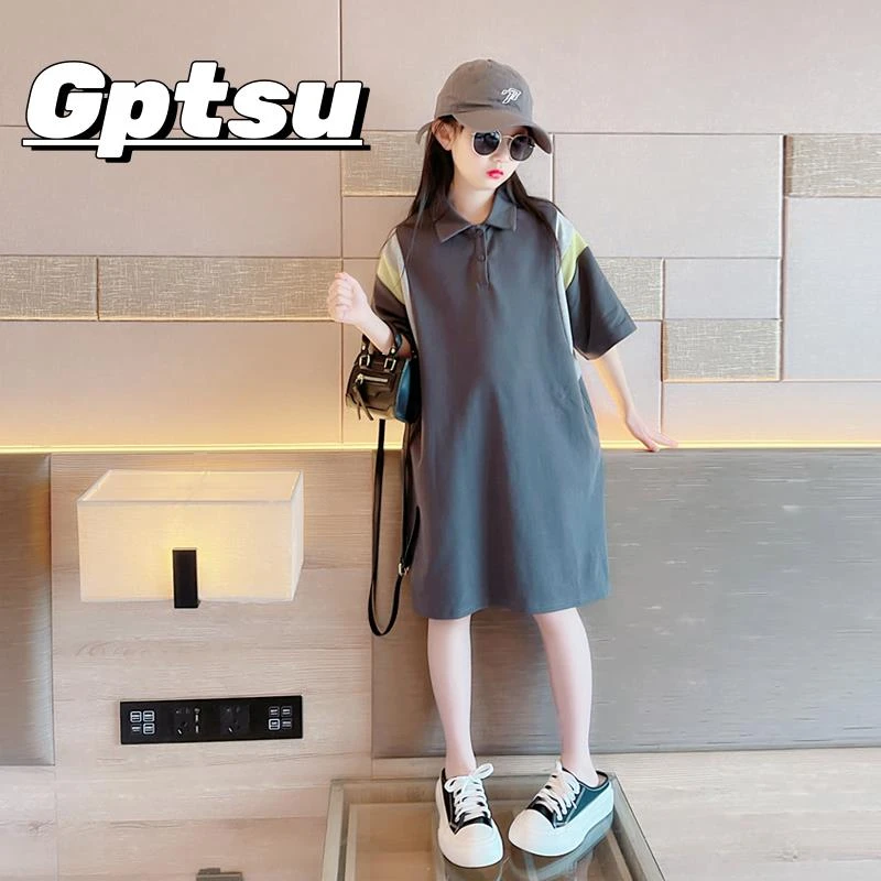 GPTSu女童连衣裙装2025儿童洋气短袖t恤中大童网红POLO领T恤裙潮