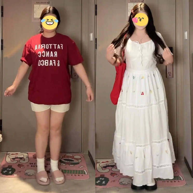 2025夏季新款温柔风刺绣蕾丝连衣裙胖mm收腰显瘦甜美气质大码裙子