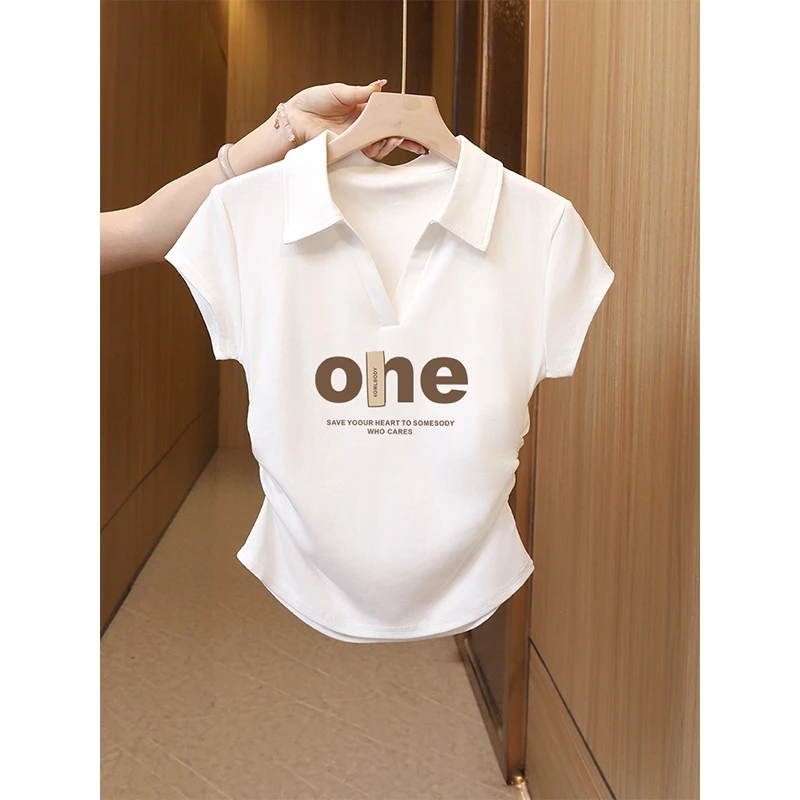夏季新款正肩短款收腰polo领短袖百搭褶皱显瘦T恤洋气翻领上衣女