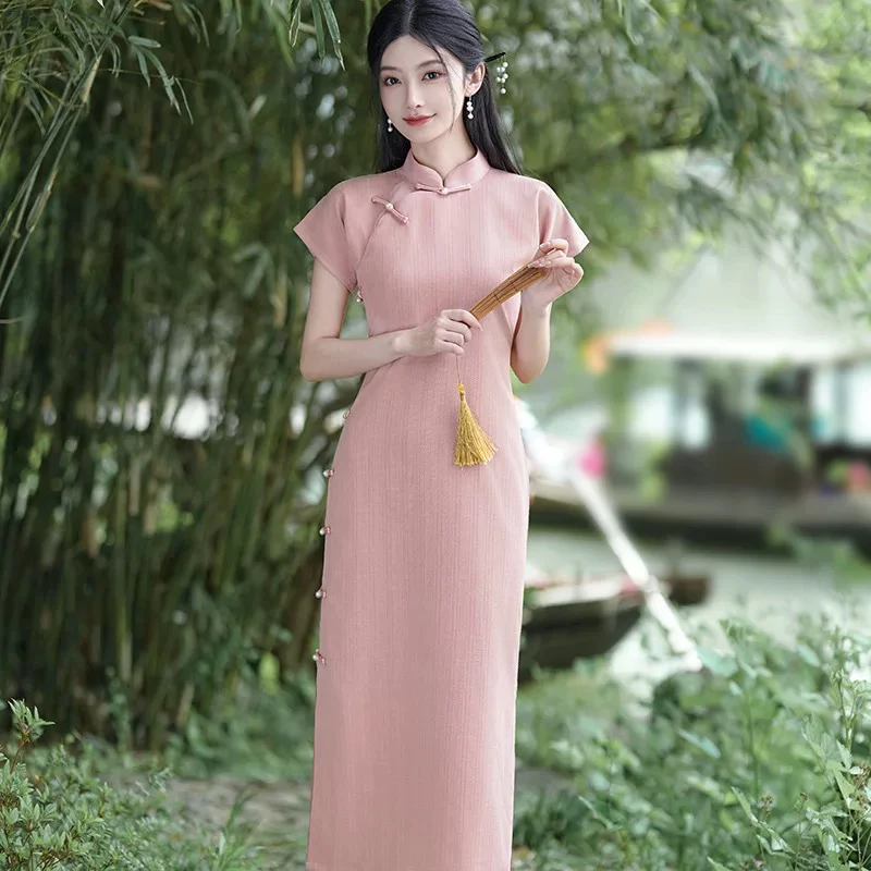 V-2396樱婉提花绵混纺全开襟夏款年轻款改良旗袍115cm长款国风