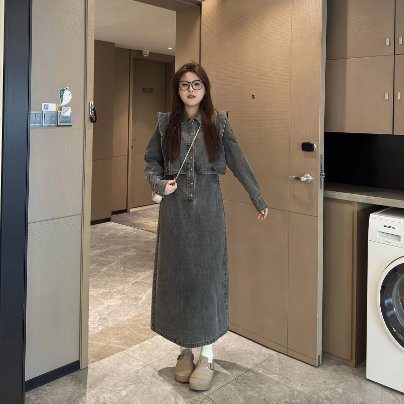 敏敏&南岛风大码设计感复古牛仔连衣裙女春秋胖mm显瘦长裙ZYY1414