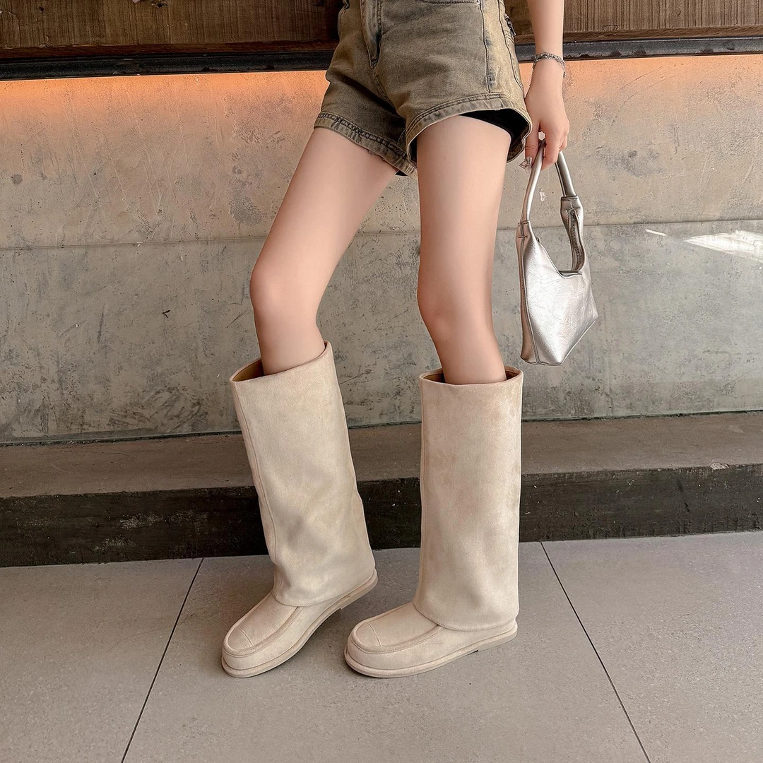 2025新款平底长筒裤管靴女法式长靴骑行靴高筒靴胖mm粗腿西部靴