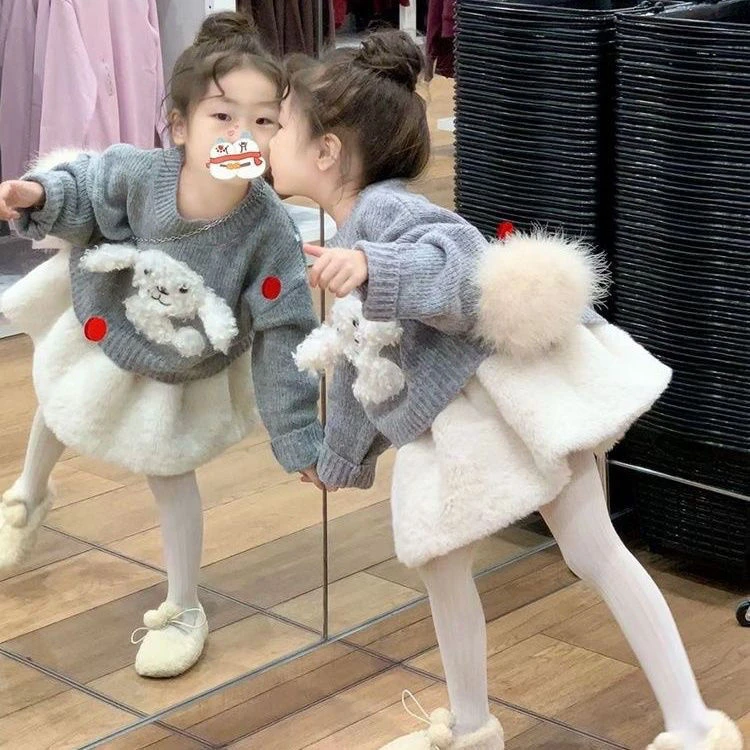 女童秋冬韩版2024新款小狗毛衣可爱宝宝针织衫儿童短裙套装两件套