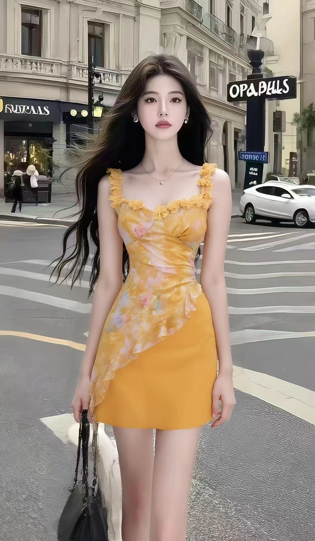 时尚气质名媛甜美少女感黄色低领吊带修身收腰包臀氛围感连衣裙