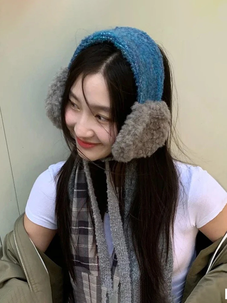 韩版ins毛绒系带蓝灰撞色耳罩女冬季加厚保暖头戴式可爱针织耳套