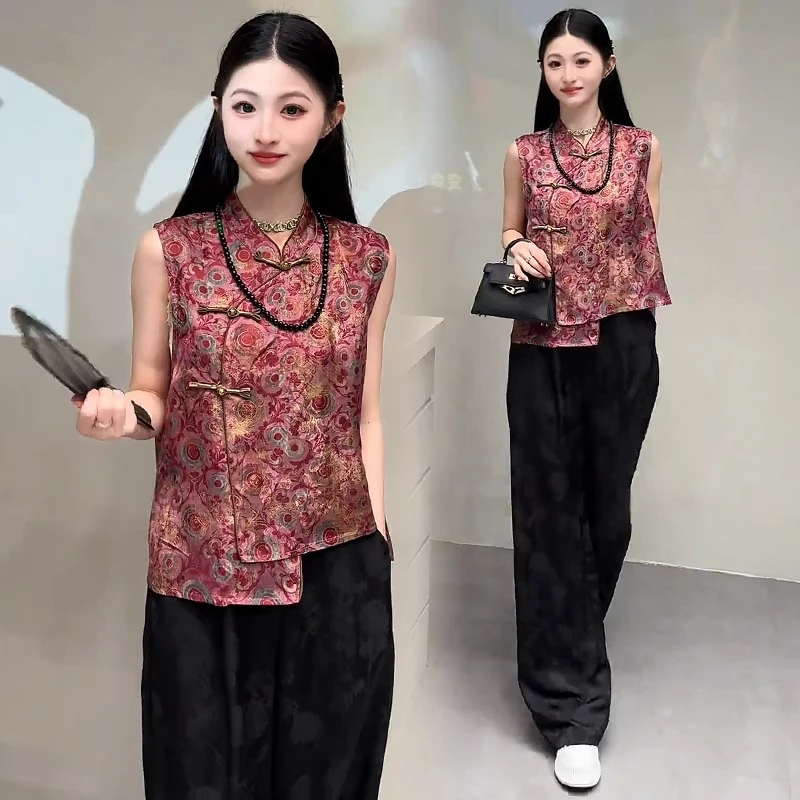 新中式时尚套装女夏季新款洋气显瘦盘扣无袖上衣阔腿裤国风两件套