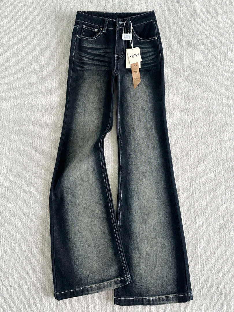 蓝灰色不贴腿微喇牛仔裤女冬季加绒大码胖mm高腰显瘦遮胯喇叭裤子