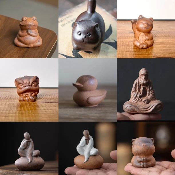 （茶宠多选）原矿粗陶老岩泥  汝窑坐岩悟道装饰复古小摆件茶道盖置