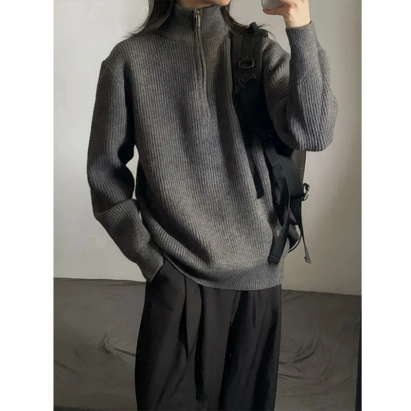 cleanfit深灰色半拉链高领毛衣男秋季美式高级感外套慵懒风针织衫