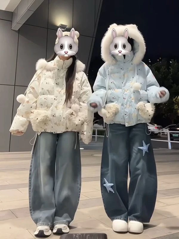 美式可爱印满星星小熊毛领棉服女2025冬季韩版面包服棉袄加厚外套
