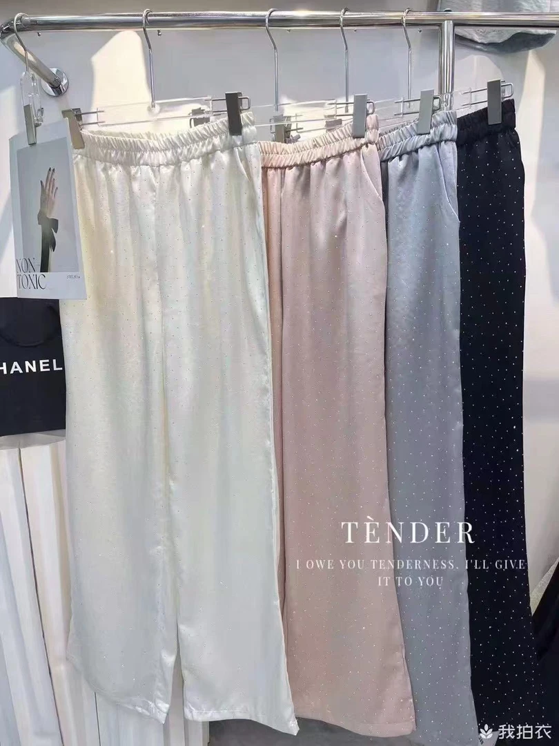 早春高级感烫钻醋酸缎面垂感清凉显瘦百搭通勤高腰直筒长裤女春夏