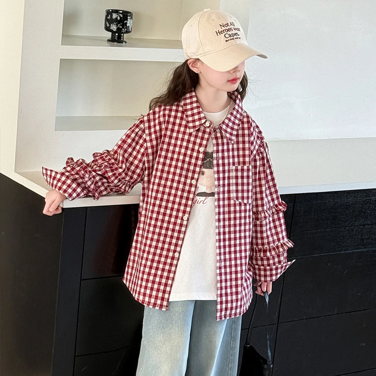 女童格子衬衫2025秋装新款6-12岁15岁中大童洋气时尚女孩长袖上衣