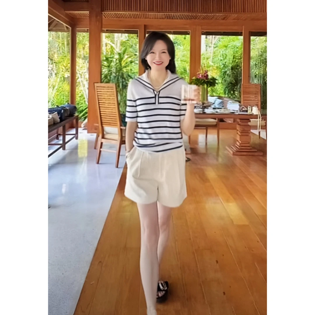 我是摩羯  初见夏天 海军风条纹 翻领短袖羊毛桑蚕丝秋针织衫