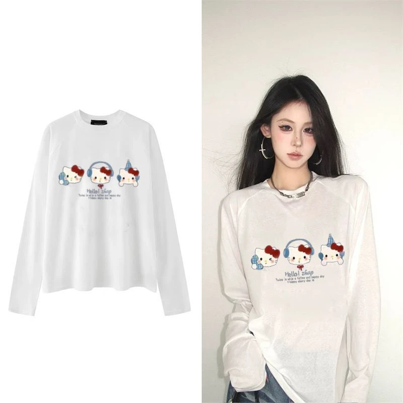 【ZHAP】新款早秋款长袖t恤上衣女白色爆款春秋款遮肉宽松休闲风潮