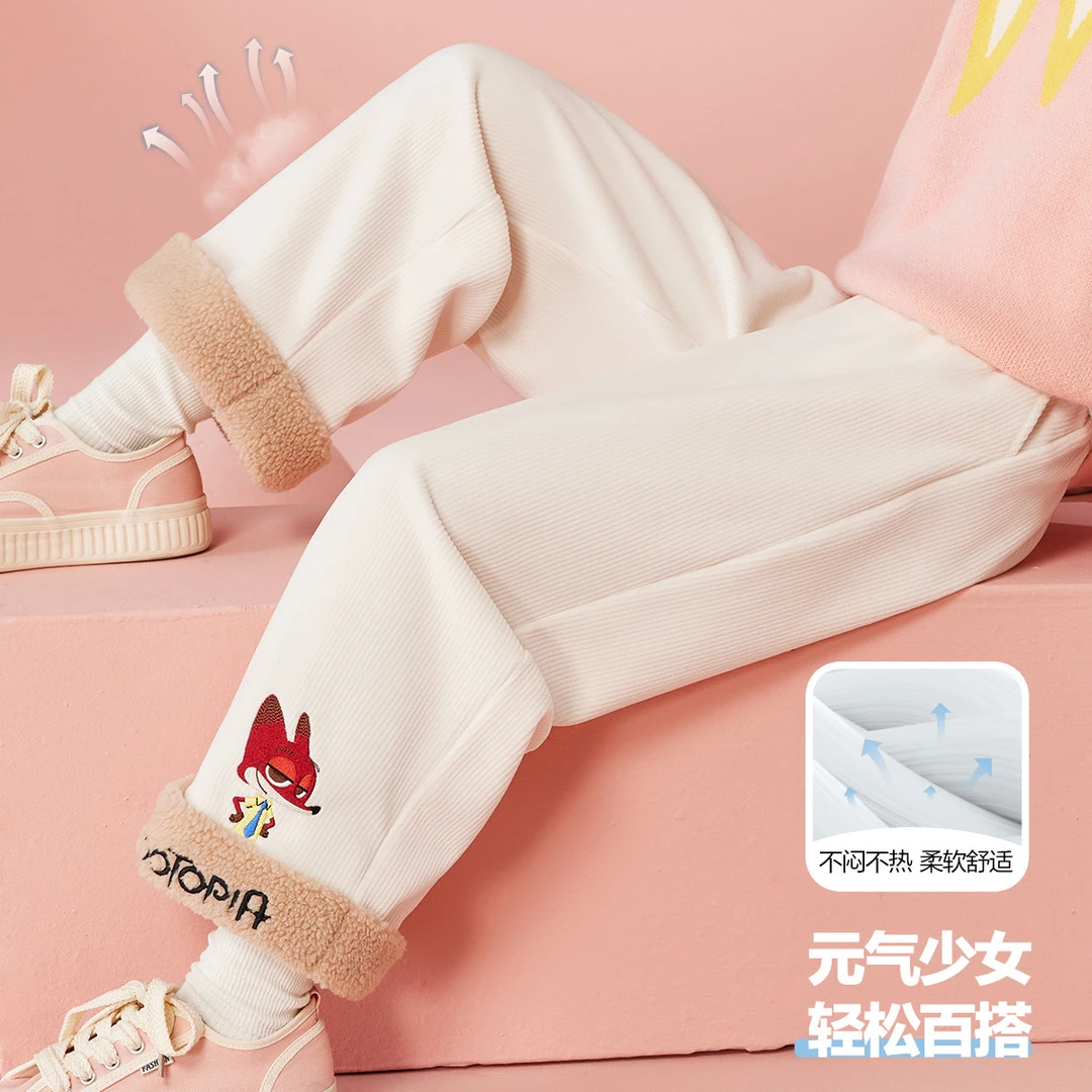 女童裤子冬加厚保暖儿童毛边加绒直筒裤好看秋冬休闲裤卡通宽松