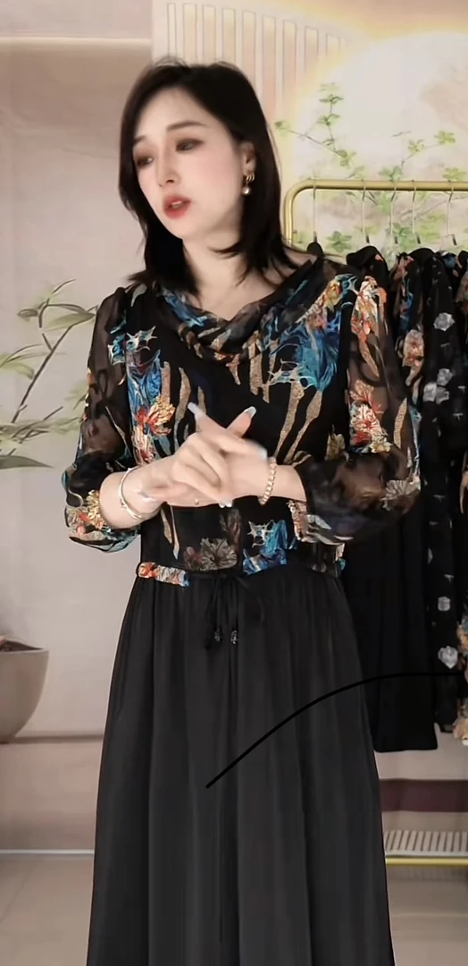 花色拼接堆荡领连衣裙高贵气质妈妈夏装调节腰带显瘦显高05