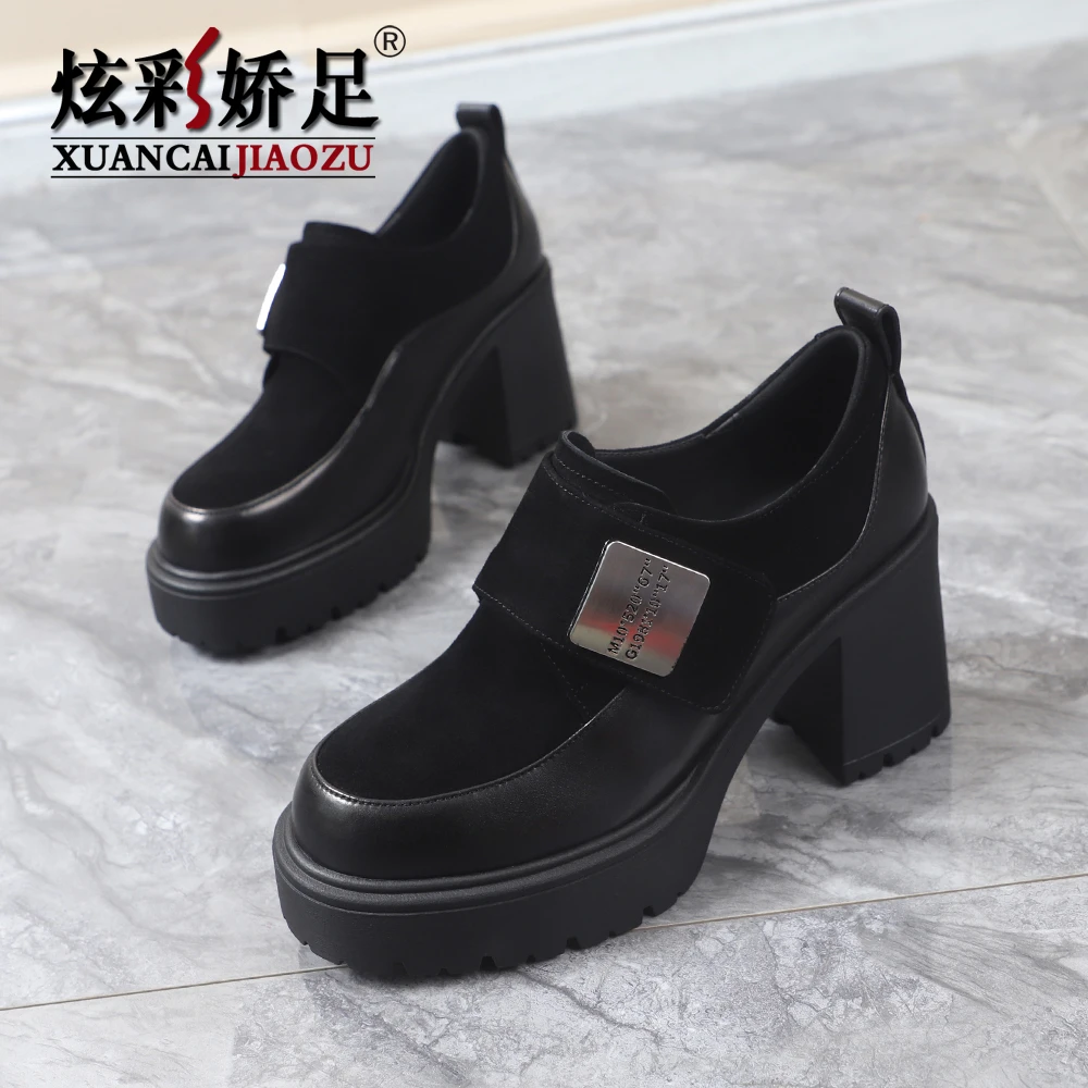 女鞋2025春秋新款真皮方高跟粗跟厚底小个子工作单鞋英伦风小皮鞋