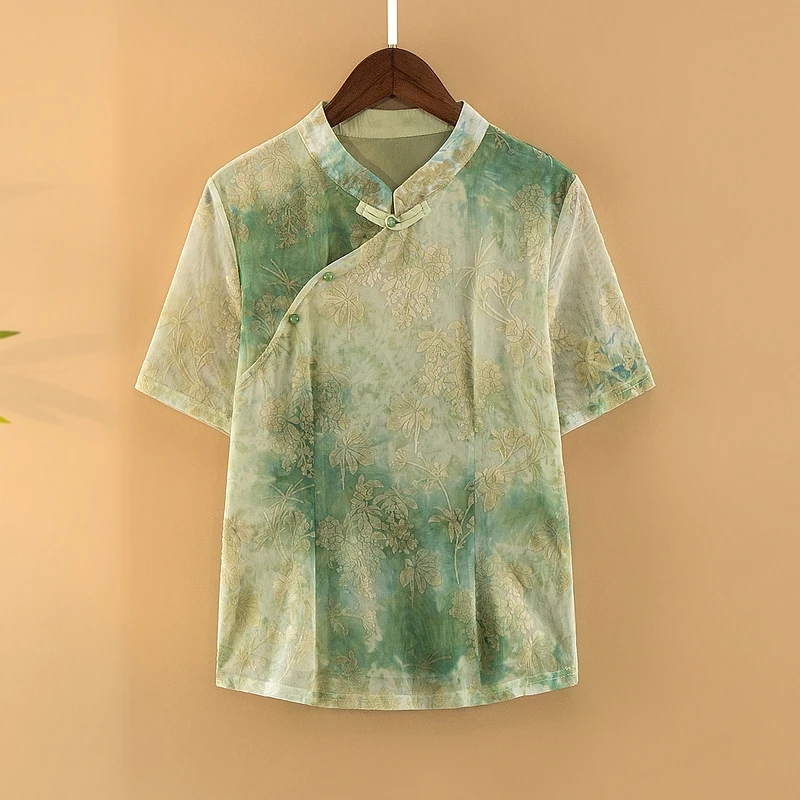 【玉莺】夏季2025新款上衣小衫女装新中式国风立领提花气质短袖衬衫