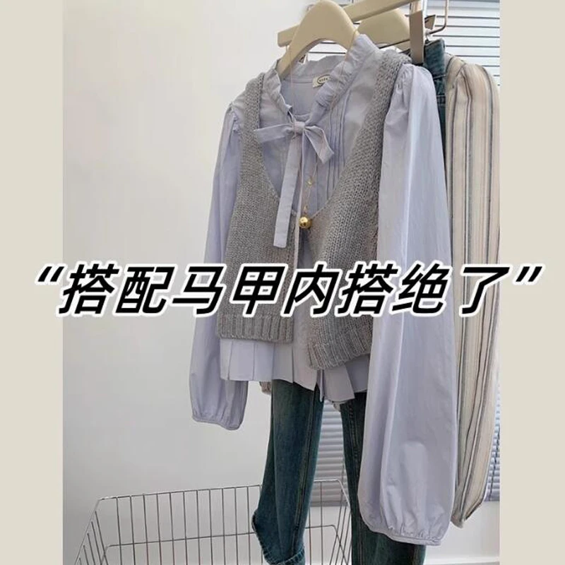 蓝色衬衫叠穿马甲两件套女装春开春穿搭小衫miu系穿搭上衣高级感