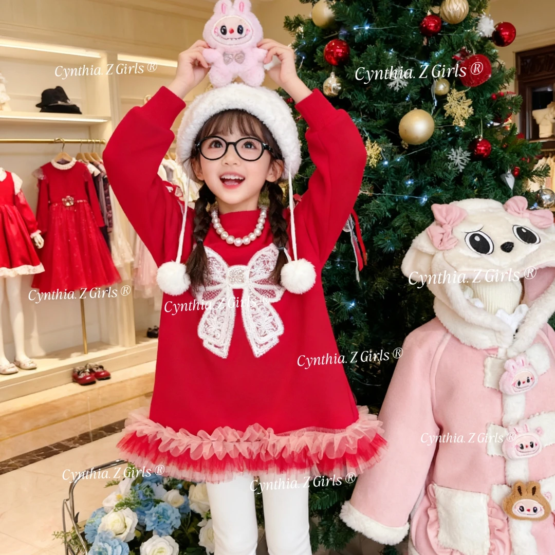 MN女童新年款中国红卫衣裙2025冬款洋气女孩超显白蝴蝶结连衣裙宝