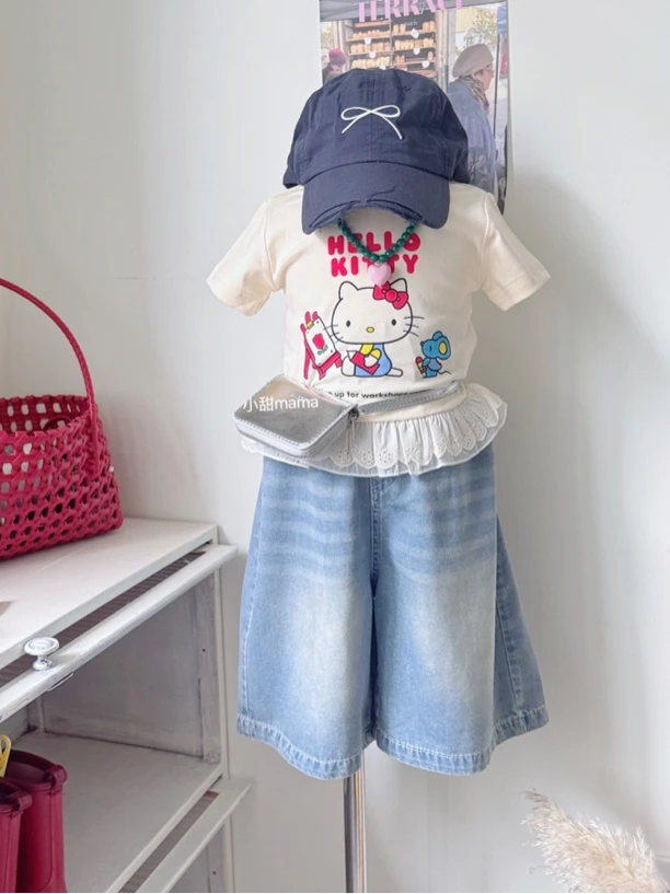 女童夏装卡通短袖T恤+牛仔裤套装女宝洋气蕾丝花边上衣裤子两件套