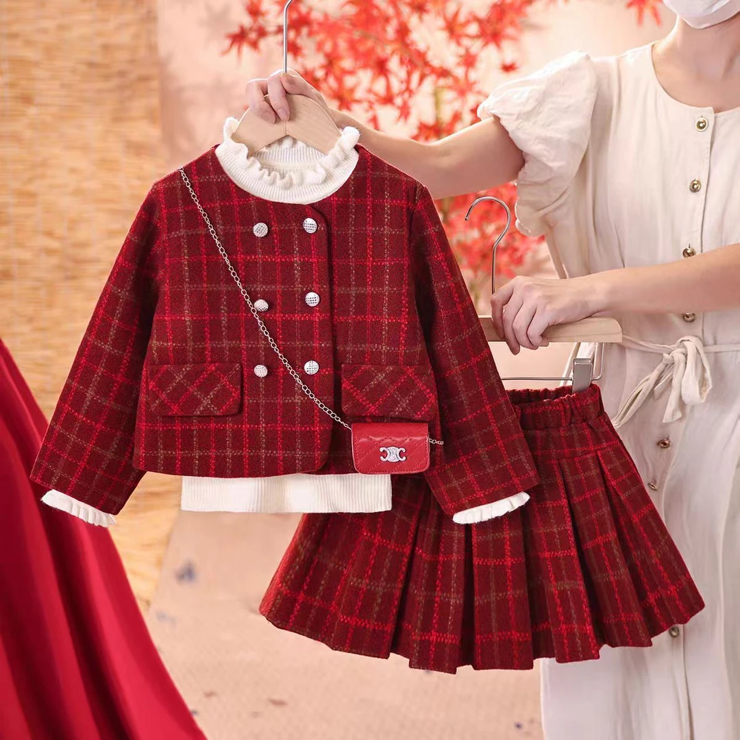 女童秋冬套装2025新款儿童洋气香风红色加厚两件套百褶裙网红冬装