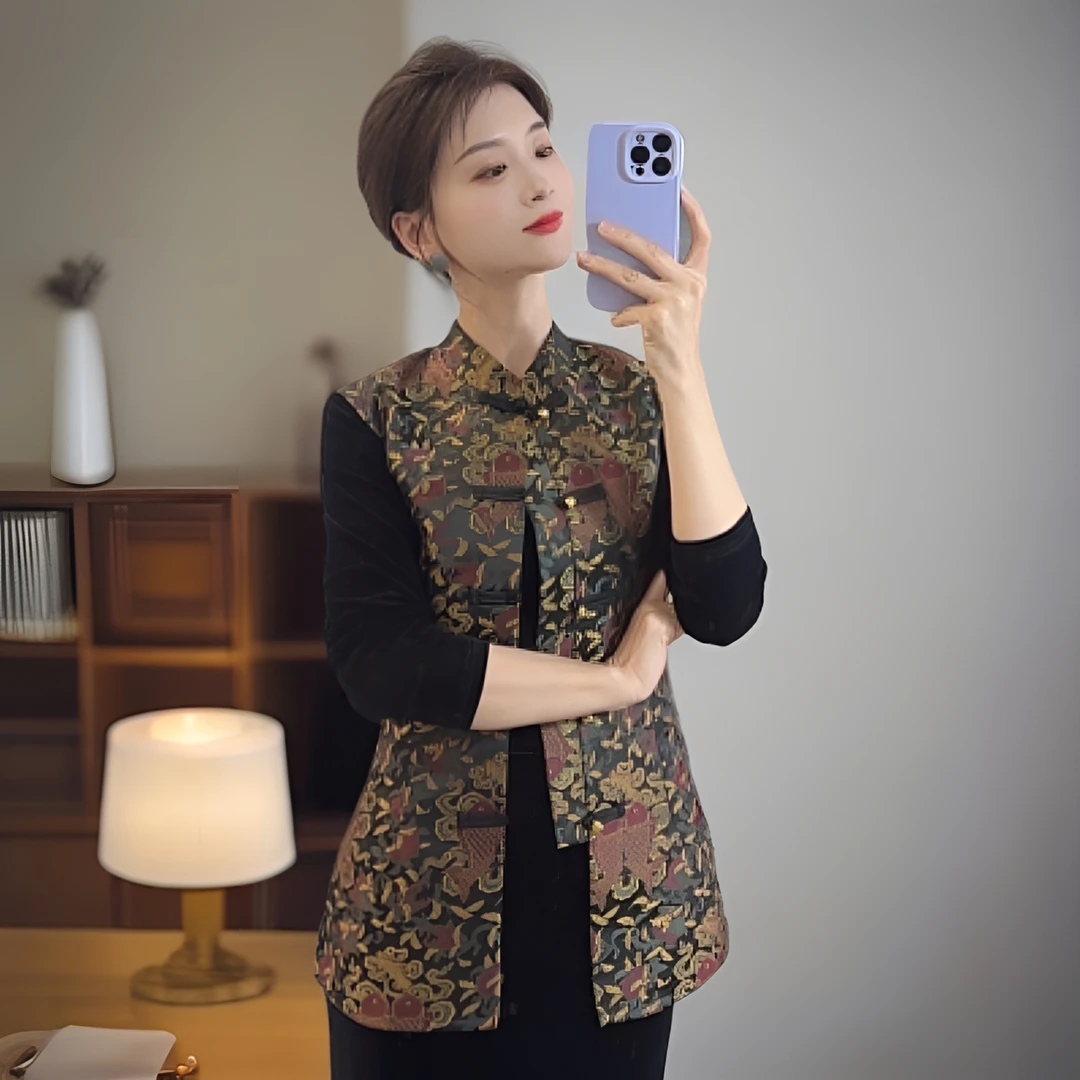 新中式织锦重磅提花修身长款百搭显瘦马甲