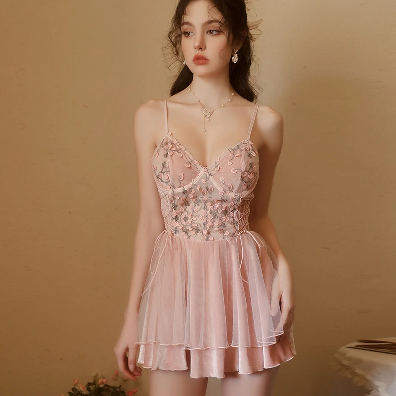春日序 杏花刺绣性感钢圈聚拢睡衣纯欲风丝绒显瘦蕾丝吊带睡裙
