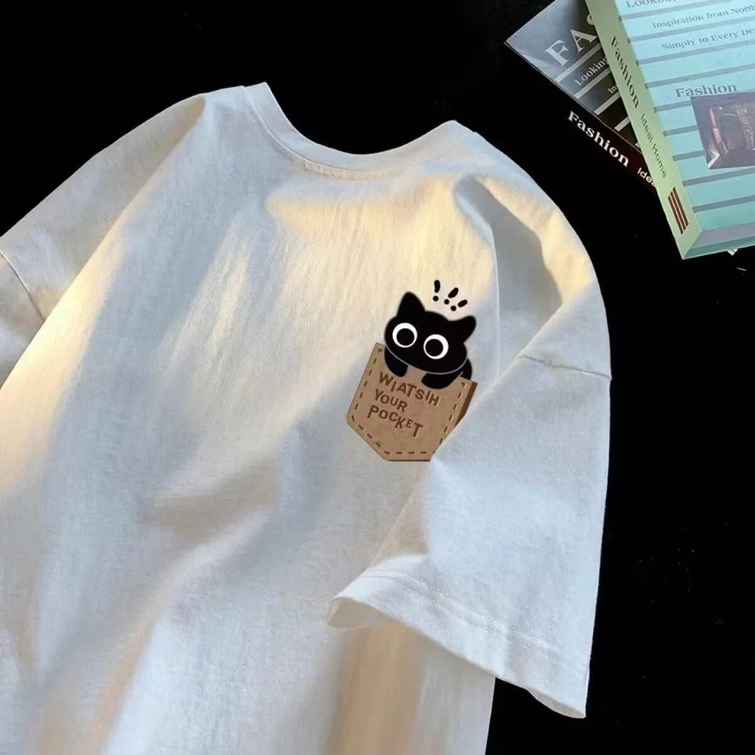 夏季重磅纯棉趣味卡通印花白色短袖T恤男宽松潮牌青少年情侣230g