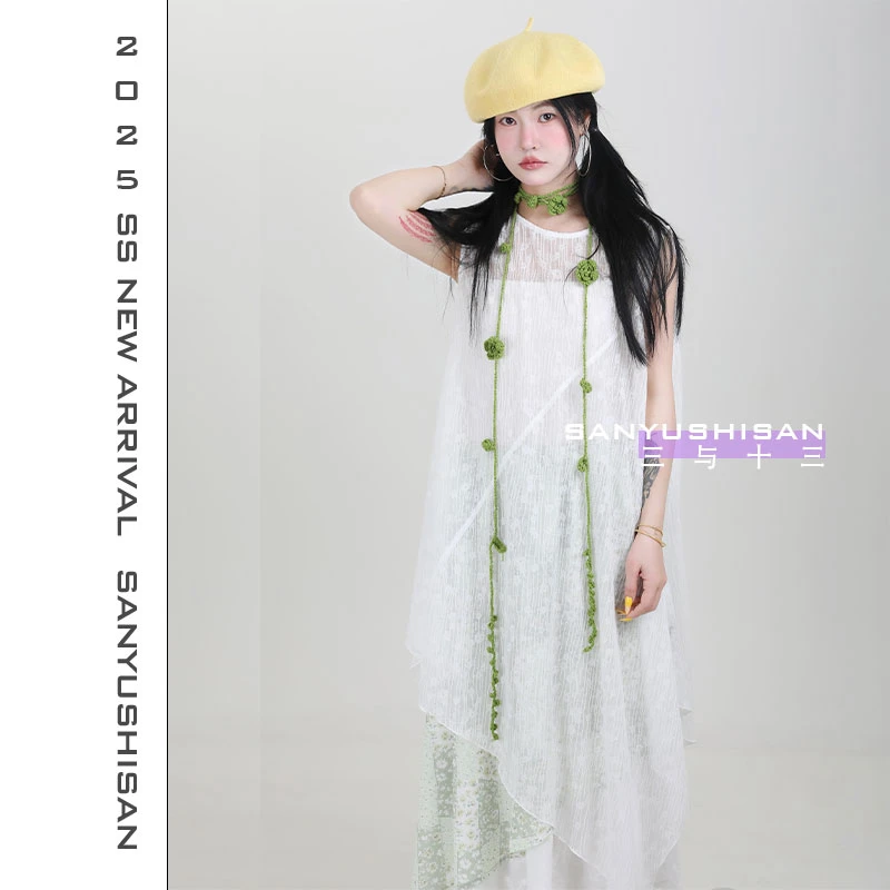 三与十三|月光漫|日系文艺宽松百搭薄款透视叠穿无袖背心连衣裙