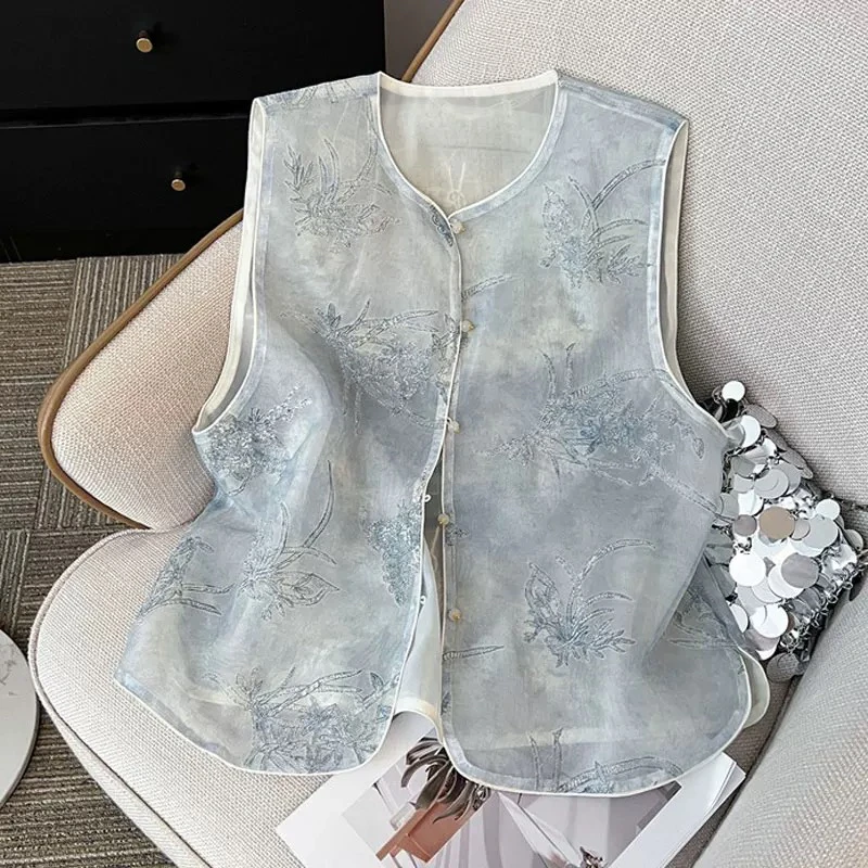 【夏兰】刺绣薄款夏季马夹国风亚麻女马甲文艺提花中国风民族风百搭