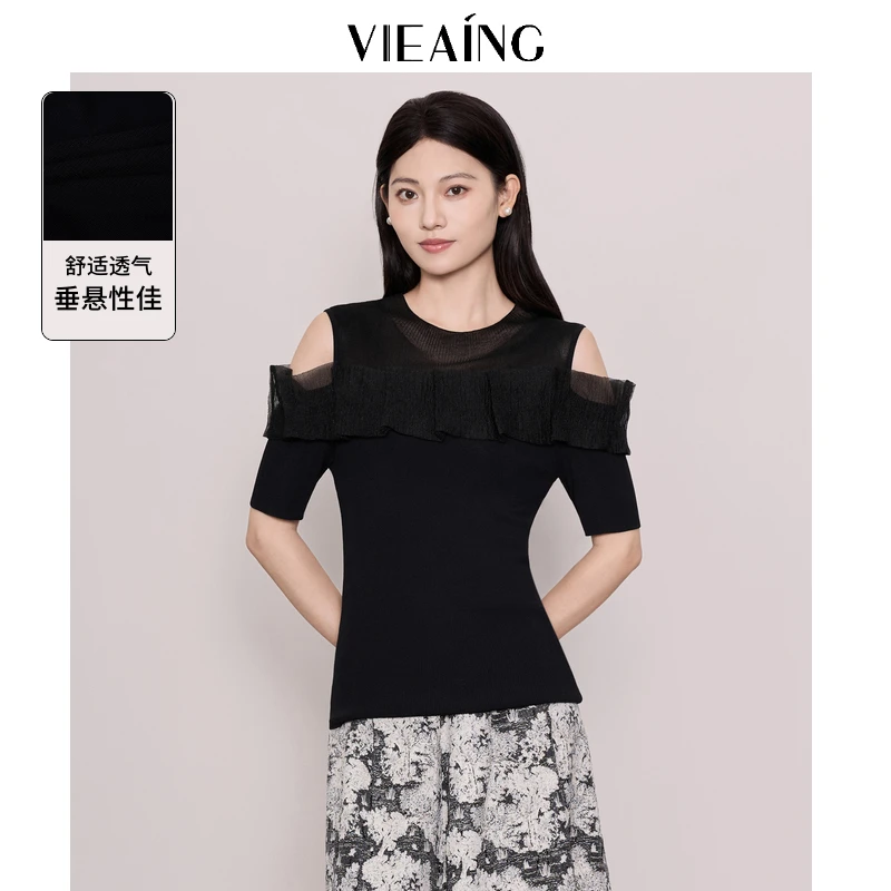VIEA.ING薇迎黑色针织衫女2025夏季新款轻职场露肩短袖套头上衣