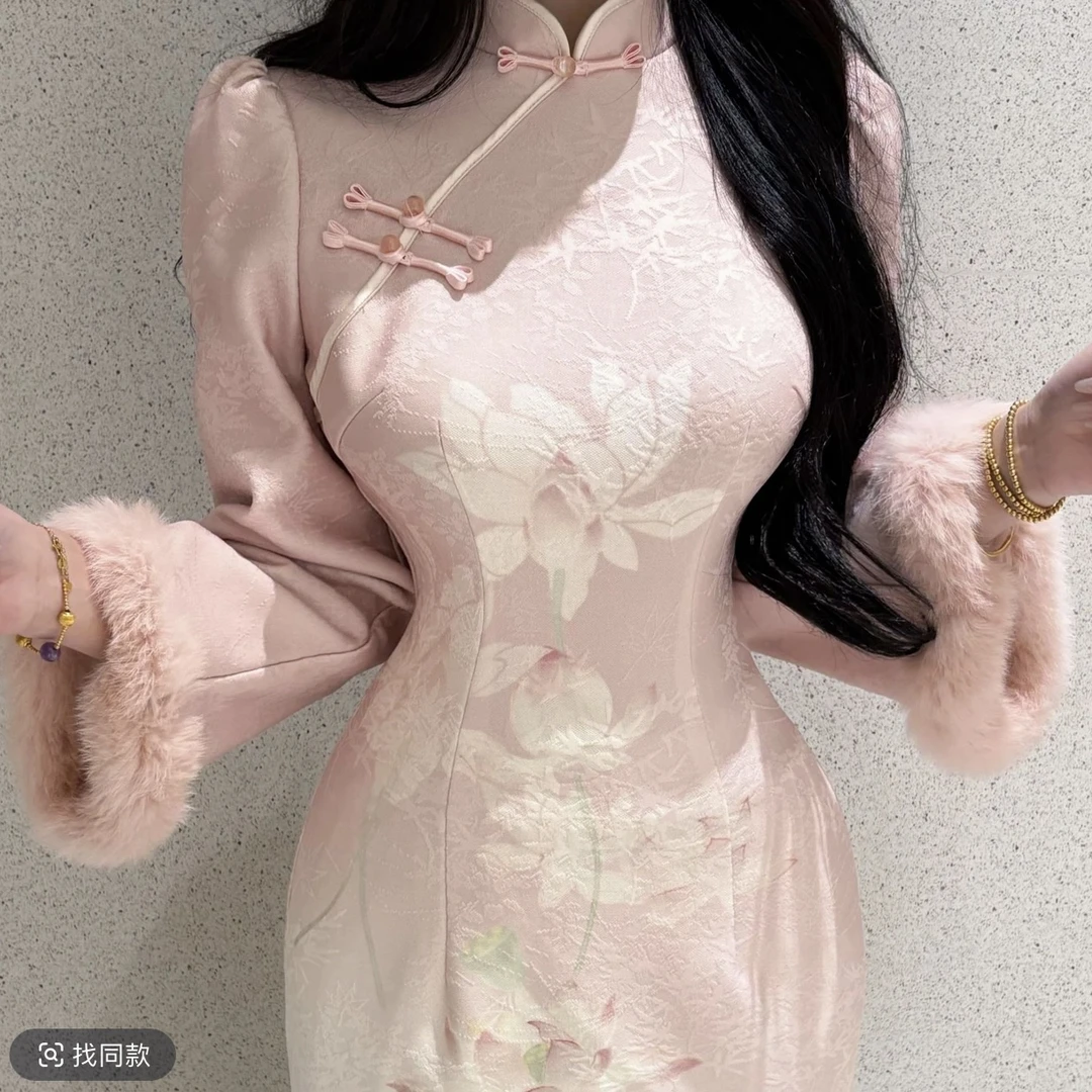 【荷花满凝香】自制秋冬厚款温柔旗袍连衣裙