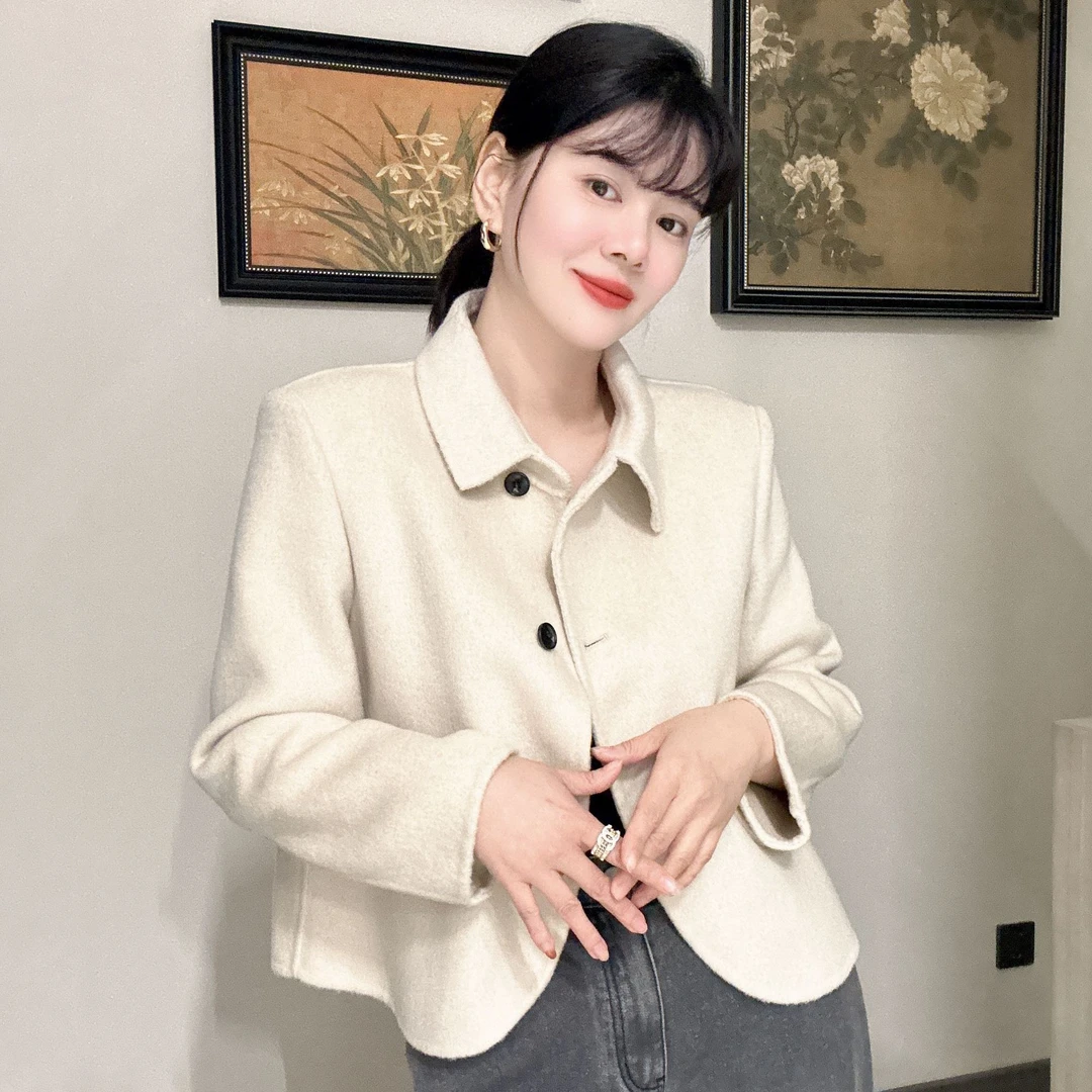 【糖果家】新款高级感甜酷风西装短款小个子百搭显瘦羊毛大衣8187