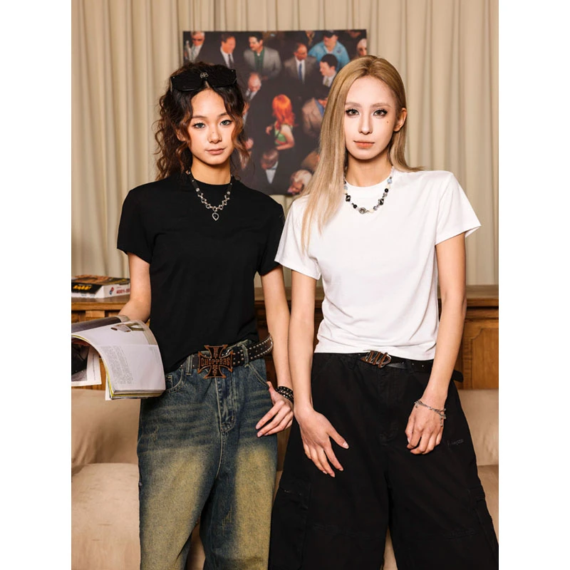 MANYSTON 美式高街潮流内搭打底衫夏季正肩短袖女修身个性上衣t恤