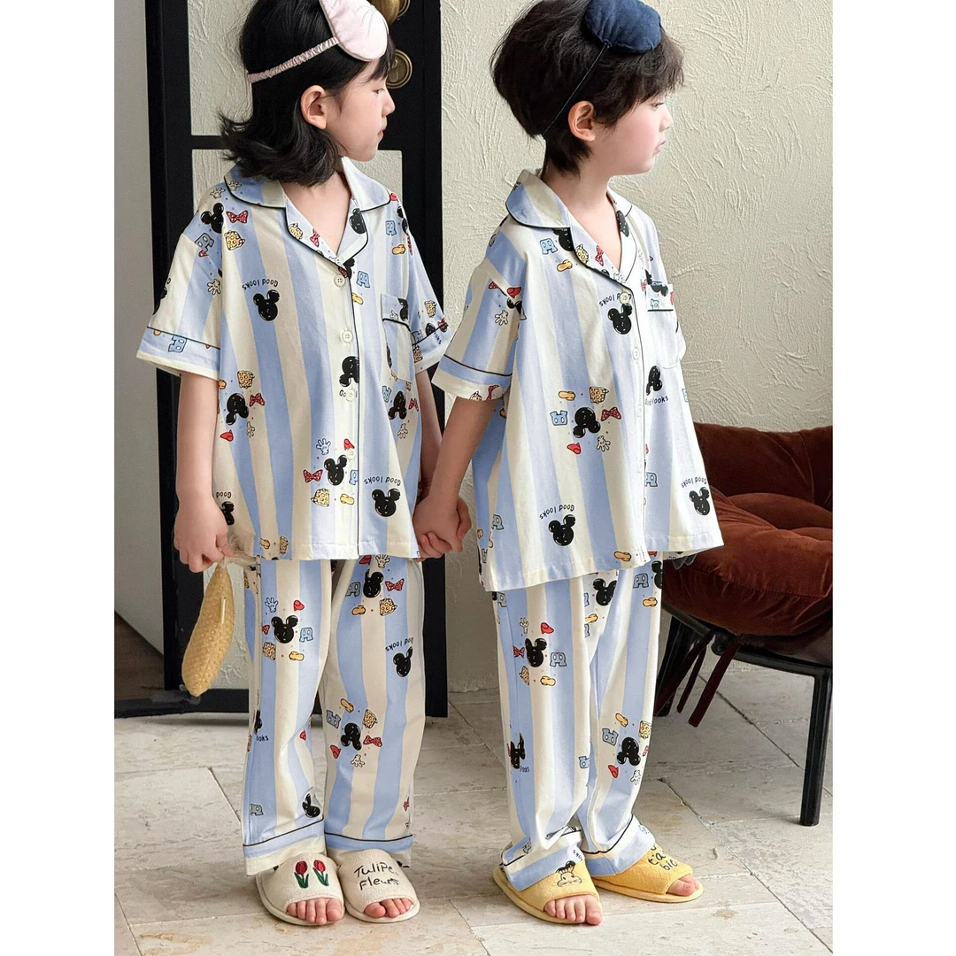 情侣款儿童春夏季款男女童卡通米奇中大童睡衣短袖长裤棉感家居服