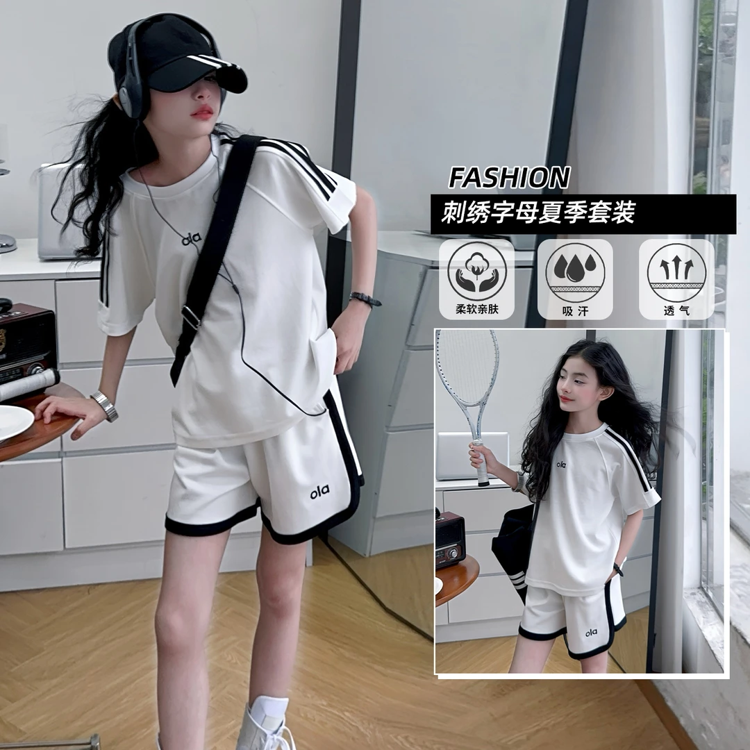 【毛妈潮牌】女童夏季简约运动套装2025新款大童透气针织休闲两件套