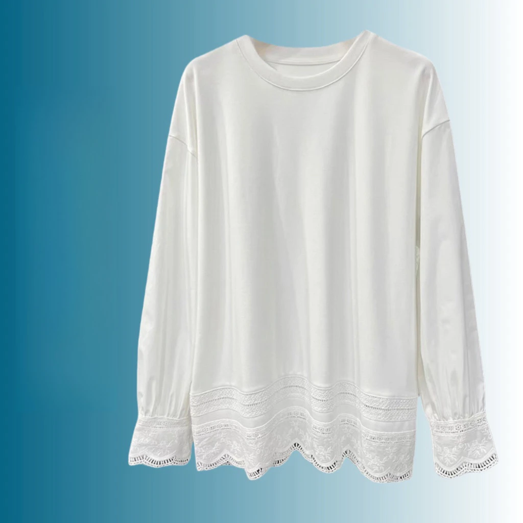 「长款韩系蕾丝」新款圆领拼接蕾丝长袖百搭宽松提花上衣