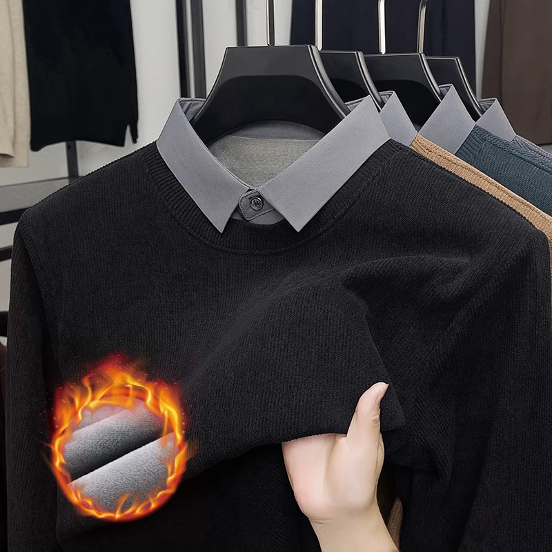 【全身一体绒】男士冬季新款加绒加厚保暖上衣一体绒假两件POLO衫潮