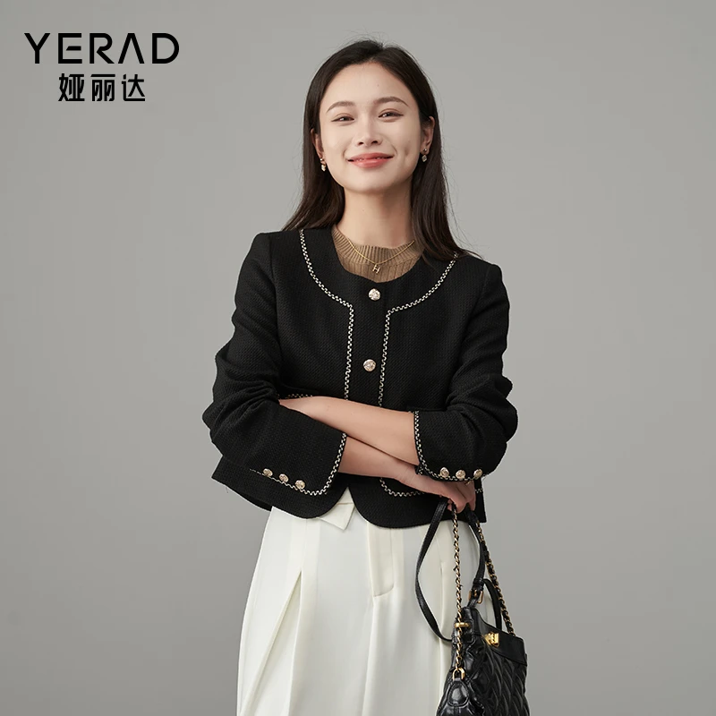 【品牌特卖】娅丽达设计感撞色气质短款小香风外套女春秋款正肩上衣