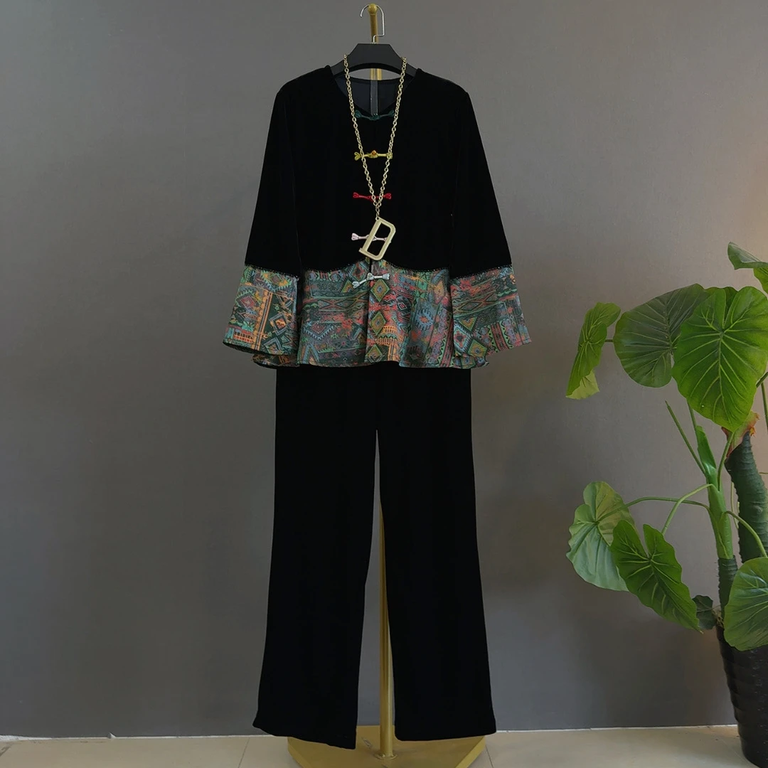 花纹长袖秋季收口袖衬衫网红复古宽松时尚提花新中式国风大码套装